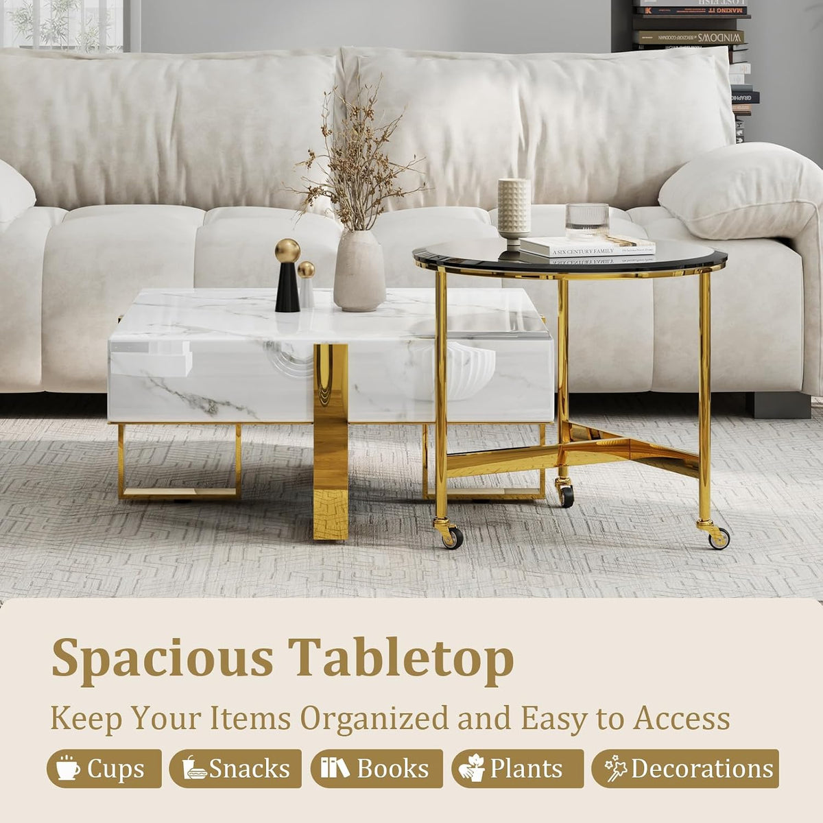 BQueen White Faux Marble Coffee Table with Polished Gold Base for Living Room Apartment Office