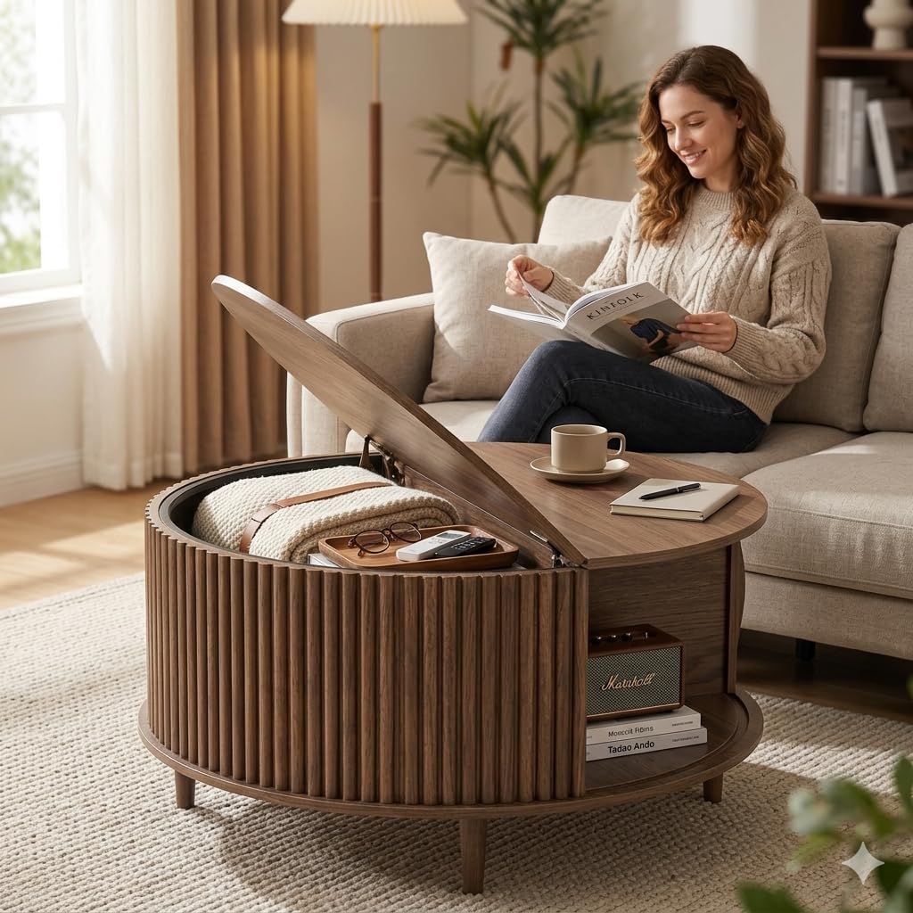 JOINICE Round Coffee Table with Storage, 31.5' Walnut Wood Drum Table, Fluted Circle Center Table for Living Room, Modern Mid Century Furniture with Sliding Door
