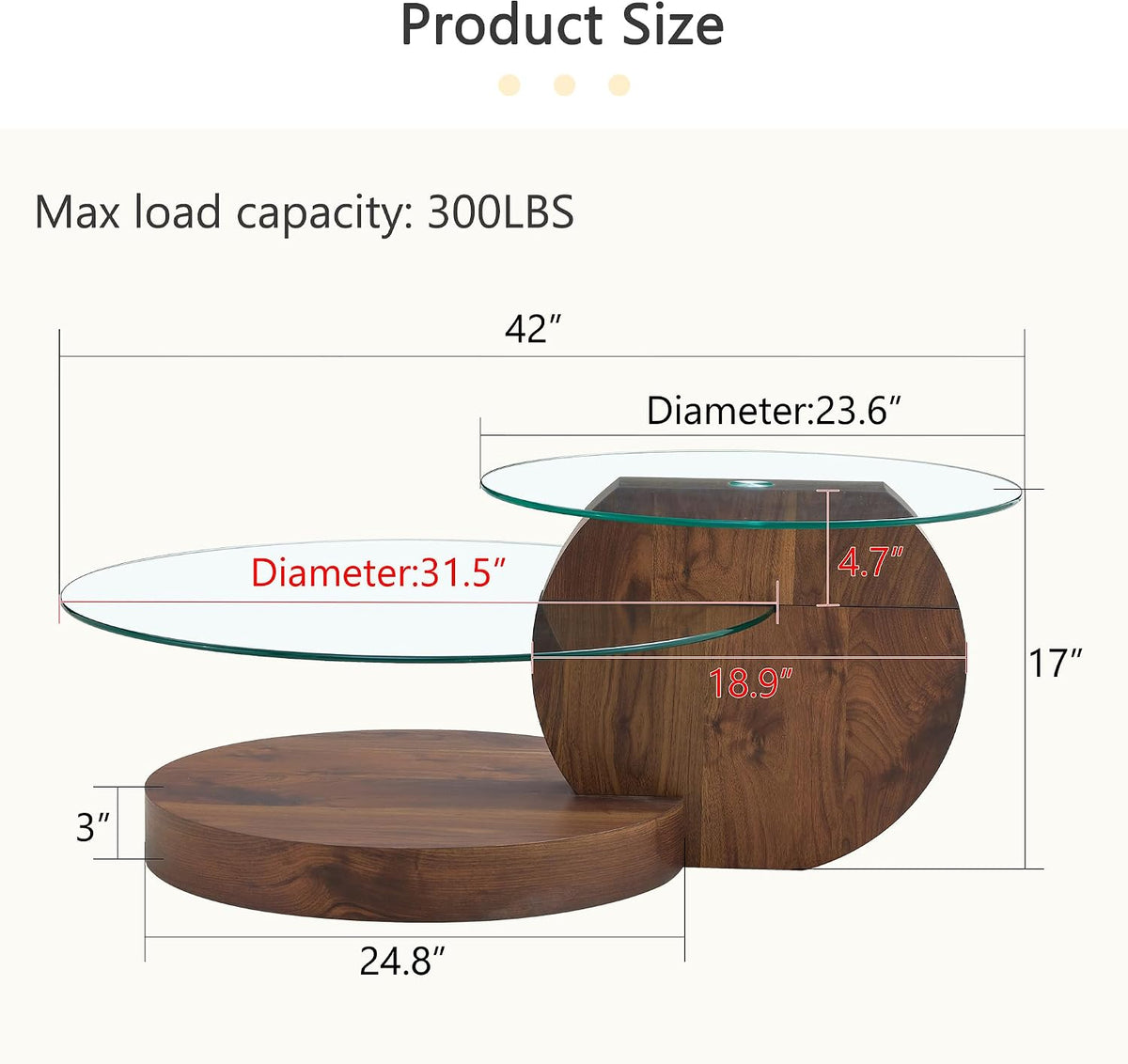 42' Glass Coffee Table｜Oval Coffee Table｜3-Tier Design with Oval Tempered Glass Tabletop｜Dark Wood Wooden Base｜Large Storage Space｜Smooth Edge｜Ideal for Living Room｜Easy Assembly
