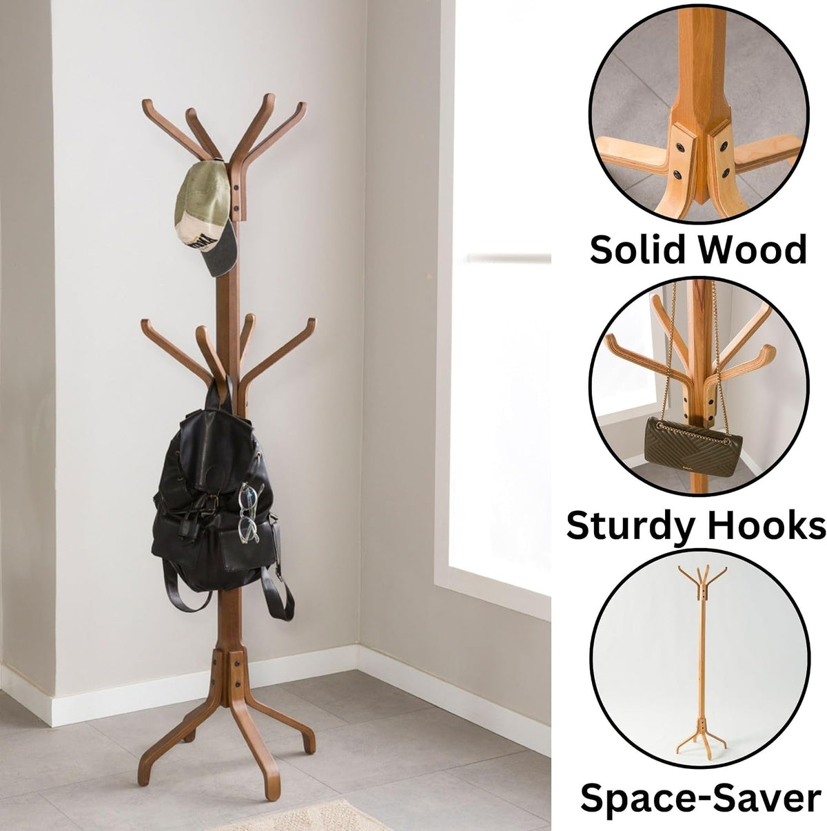 Solid Wood Coat Rack Freestanding, Coat Stands Entryway, Coat Rack Hat Hanger Hook for Jacket, Purse, Scarf Rack, Mid Century Umbrella Tree Stand (8-hook, Walnut)