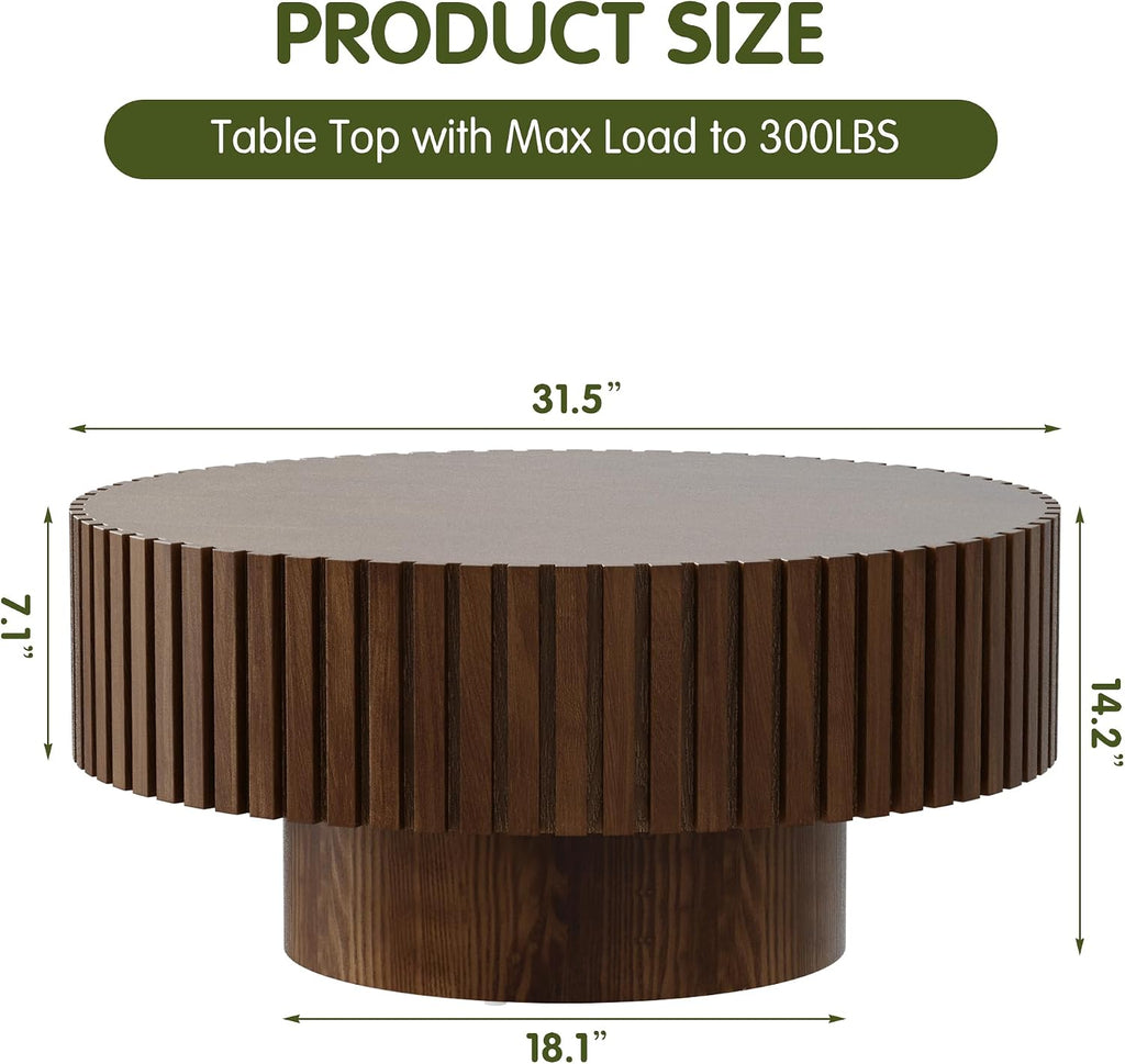Round Drum Coffee Table 31.5'' Handcraft Fluted Coffee Table Modern Unique Circle Accent Center Table for Living Room with Sturdy Pedestal Gear Easy Assembly for Small Space,31' Round Brown