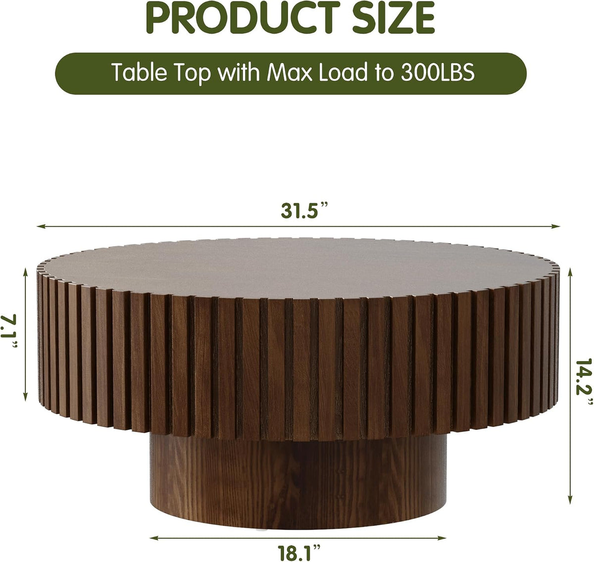 Round Drum Coffee Table 31.5'' Handcraft Fluted Coffee Table Modern Unique Circle Accent Center Table for Living Room with Sturdy Pedestal Gear Easy Assembly for Small Space,31' Round Brown