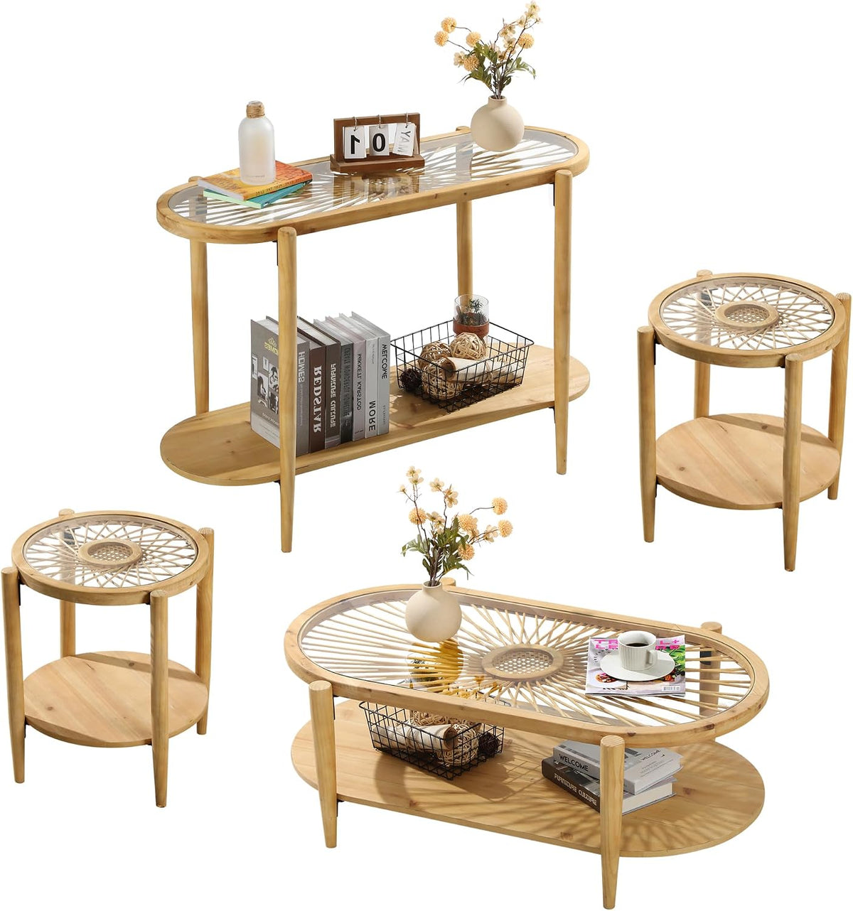 RUSTOWN Rattan Living Room Set 4 Pieces, Includes Console Table, Oval Coffee Table & 2 End Tables, Boho Farmhouse Set for Living Room, Bedroom, Home Office, Natural