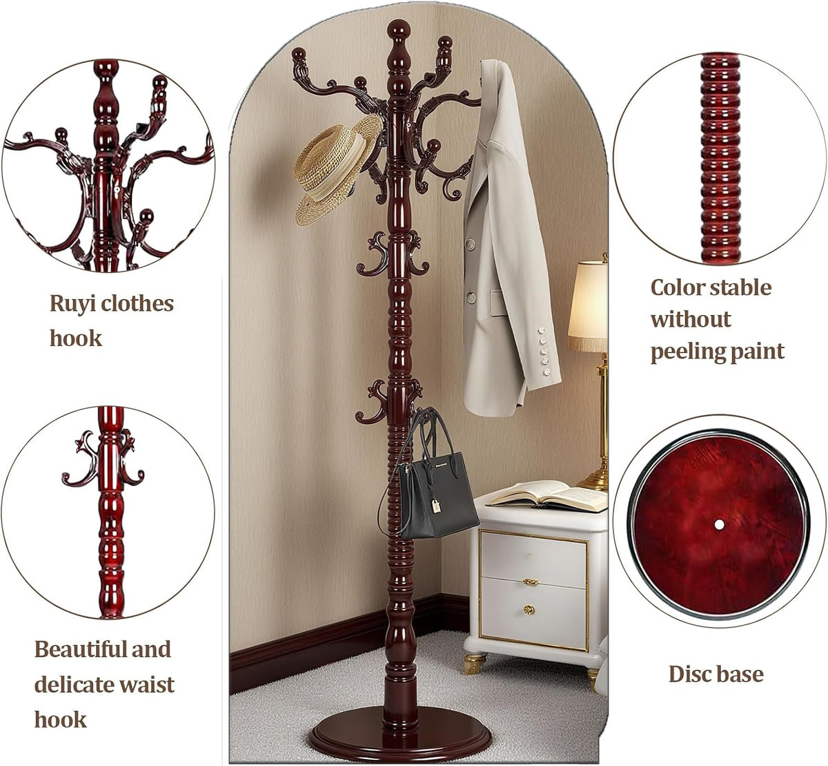 73'Vintage Wooden Coat Rack Freestanding,With 14 Hooks and Sturdy Round Base.Sturdy and Durable Standing Coat Racks，Adjustable Wooden Freestanding Coat Rack for Offices, Bedrooms (Mahogany)