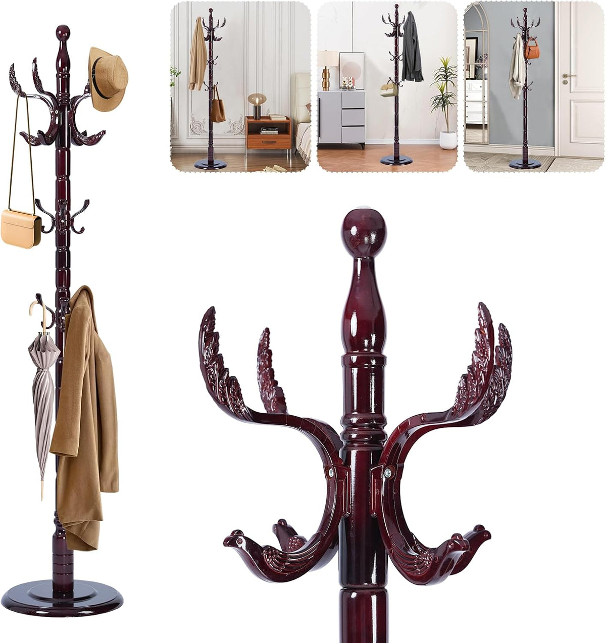 Solid Wood Coat Rack – 72' Freestanding Coat Racks Stand with 14 Hooks & Stable Base, Adjustable Height Modern Wooden Hall Tree for Entryway, Bedroom, Office, Home (Mahogany Phoenix Hook)