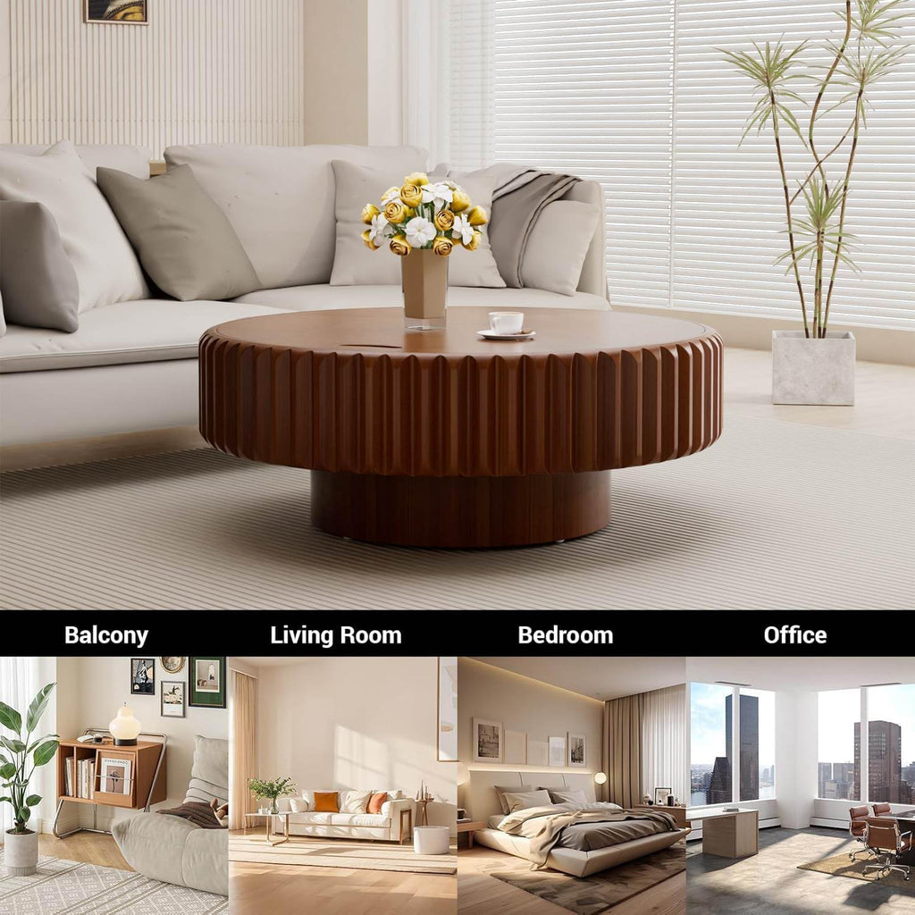 Round Drum Fluted Coffee Table with Storage for Living Room Modern Circle Coffee Table with Pedestal Center Tables Fluted Accent Tea Tables for Apartment Living Room (L31.5IN)