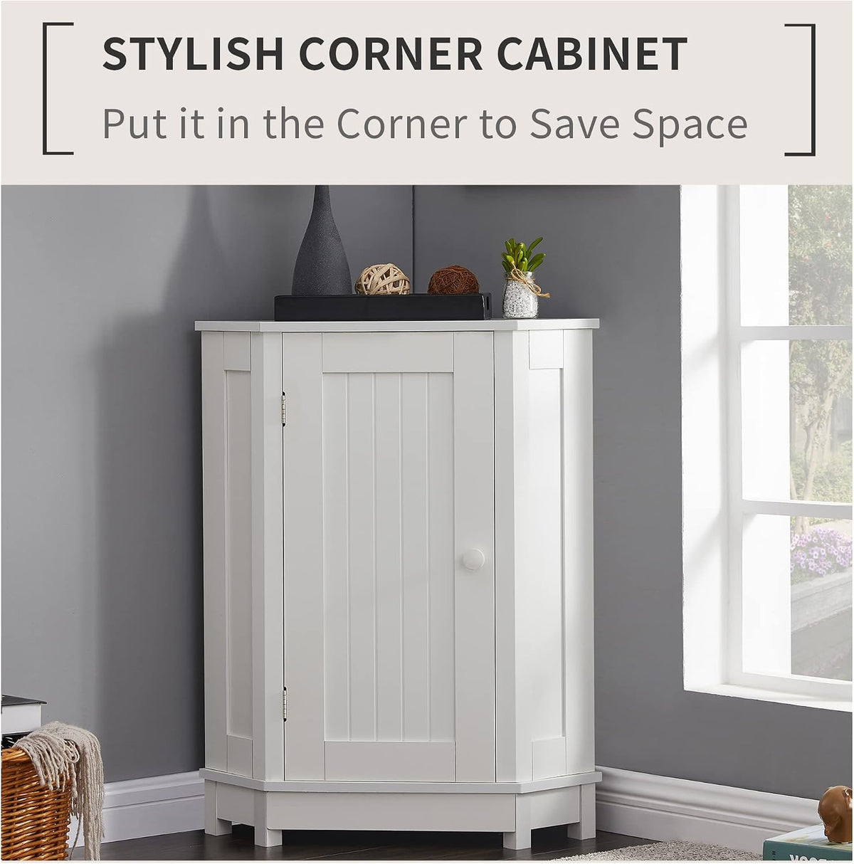 Corner Storage Cabinet with Door and Adjustable Shelf, Freestanding Floor Cupboard for Bathroom, Kitchen or Living Room, Wooden, White