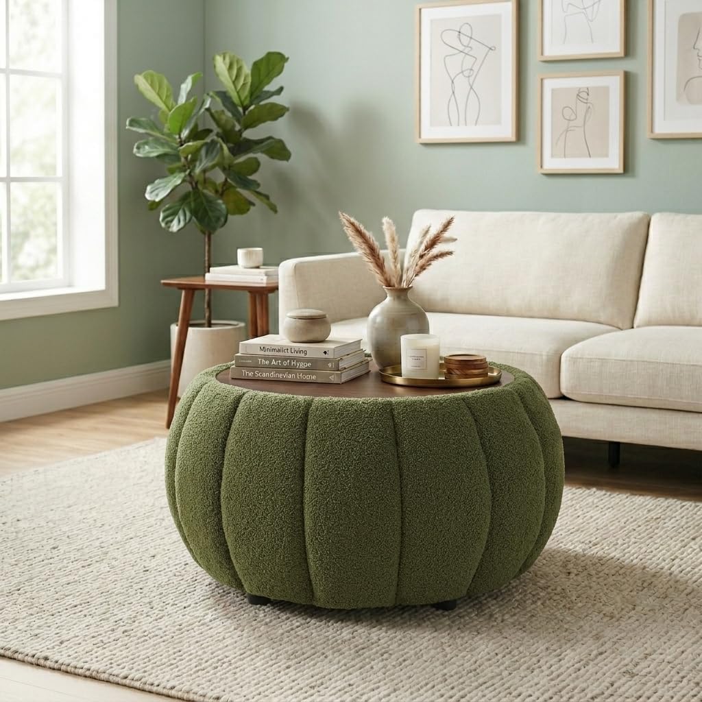 Ottoman Coffee Table for Living Room, Wooden Top Large Storage Ottoman, 30 Inches Round Coffee Table, Pumpkin Shaped Side Table, Multifunctional Teddy Fabric Footstool (Green)