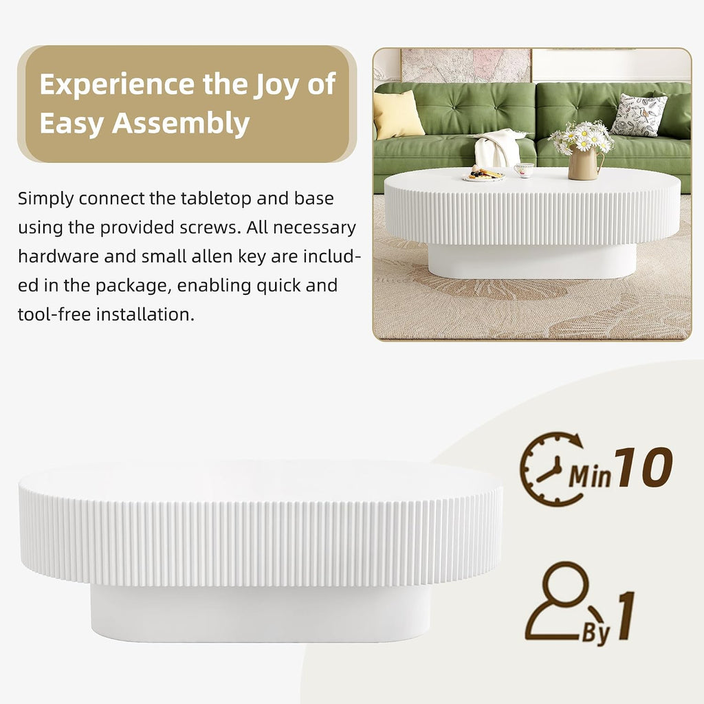43.3' Oval Fluted Coffee Table with Thick Tabletop, Modern Wood Center Table with Sturdy Base for Living Room, Easy Assembly (White)