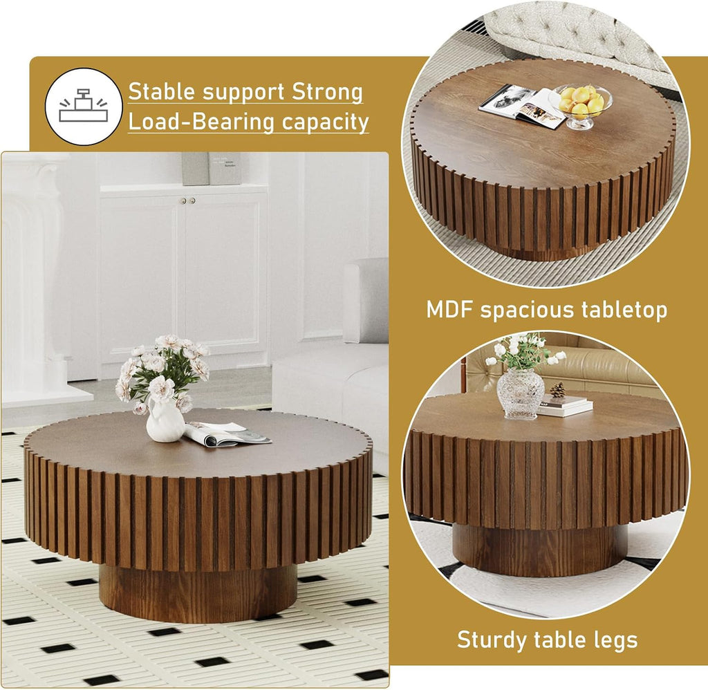 Round Drum Coffee Table 31.5' Wooden Coffee Tables Handcrafted Fluted Drum Coffee Table Modern Luxury Circle Center Table Vintage Farmhouse Center Table for Living Room (Round Dark Brown)