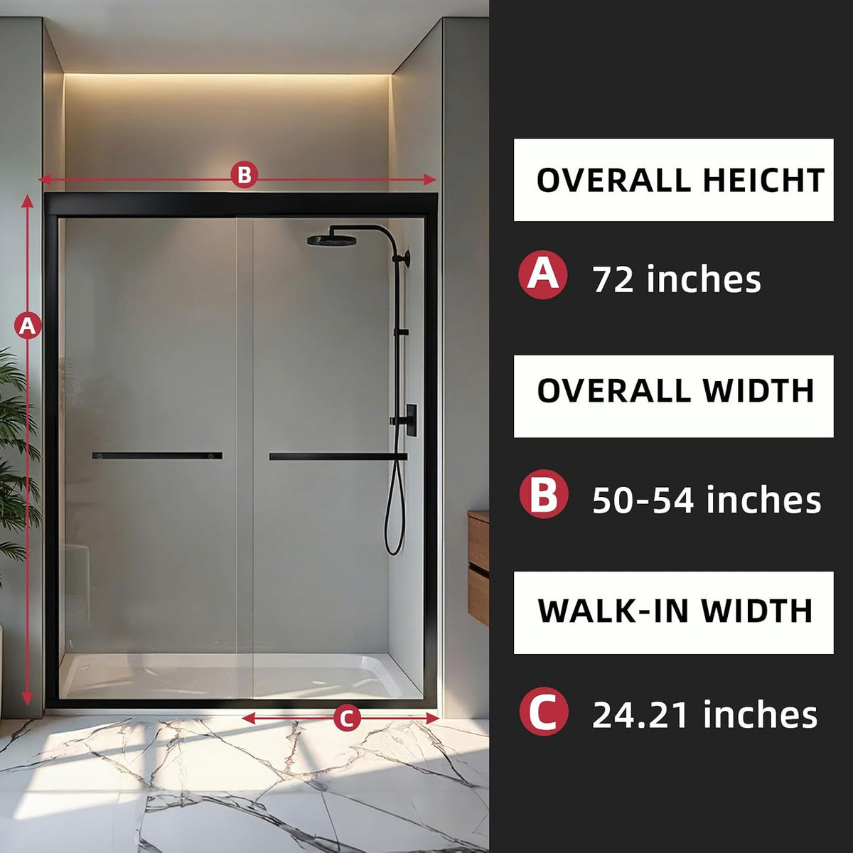 Shower Door 50-54' W x 72' H, Semi-Frameless Sliding Glass Shower Door, 1/4' (6mm) SGCC Tempered Glass Bathroom Sliding Door, Matte Black Finish, 304 Stainless Steel Hardware