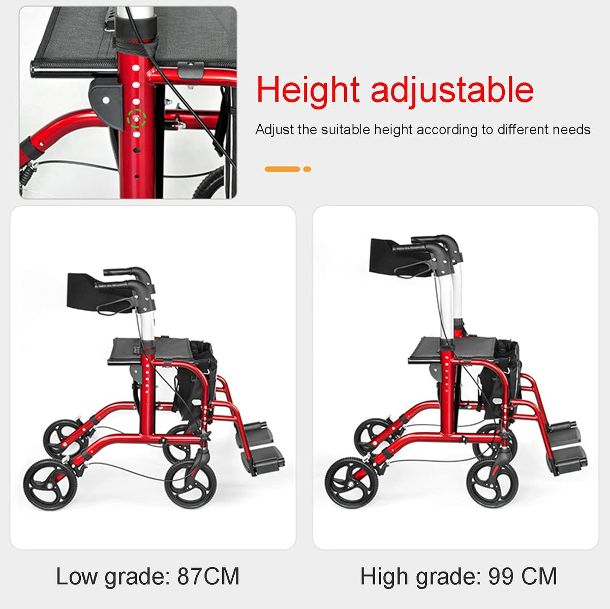 Mobility Walker for Seniors Lightweight Wheel Rollator, Folding Four Wheel Mobility Walker Disability Aids with Seat,Back Support, Basket, Carry Bag,Red