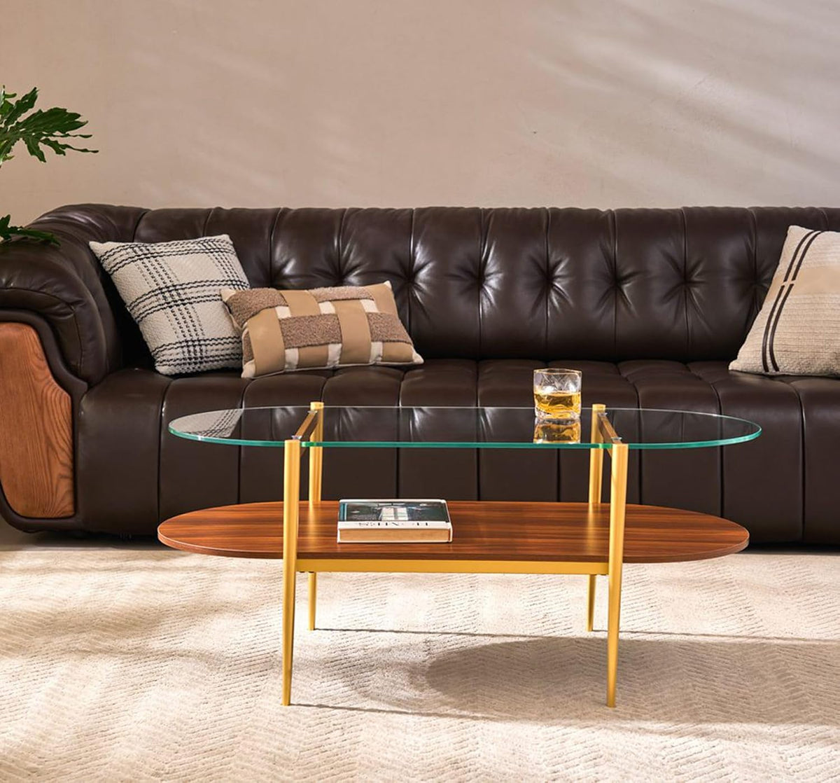 AGV LIGHTING Oval Rectangle Coffee Table with Clear Glass Top, 2 Tier Mid-Century Modern Coffee Table, Walnut MDF Shelf and Glod Metal Legs, Capsule Shape Coffee Table for Living Room, 42 Inch