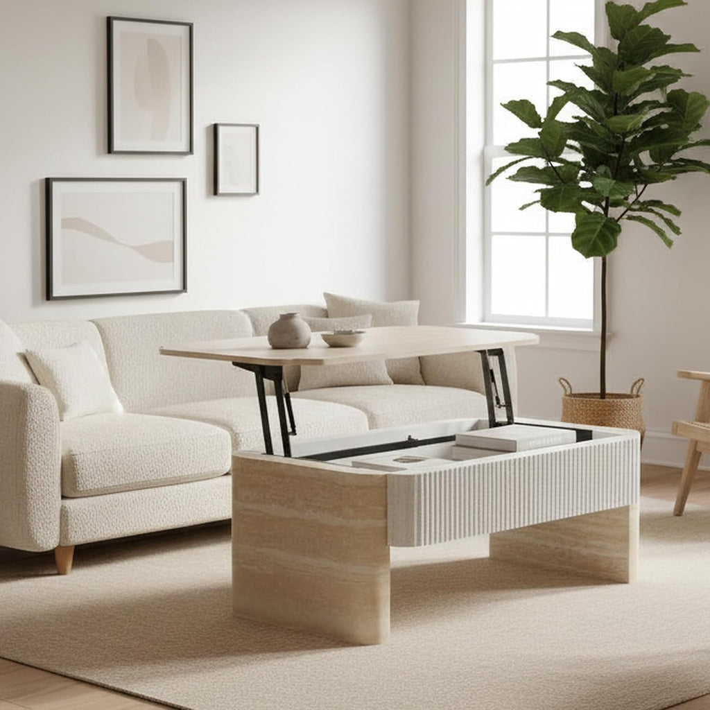 39' Lift Top Coffee Table with Hidden Storage, Faux Marble Lift Pull Up Tabletop for Living Room, Modern Wooden Rectangular Coffee Table, Beige Mars Pattern
