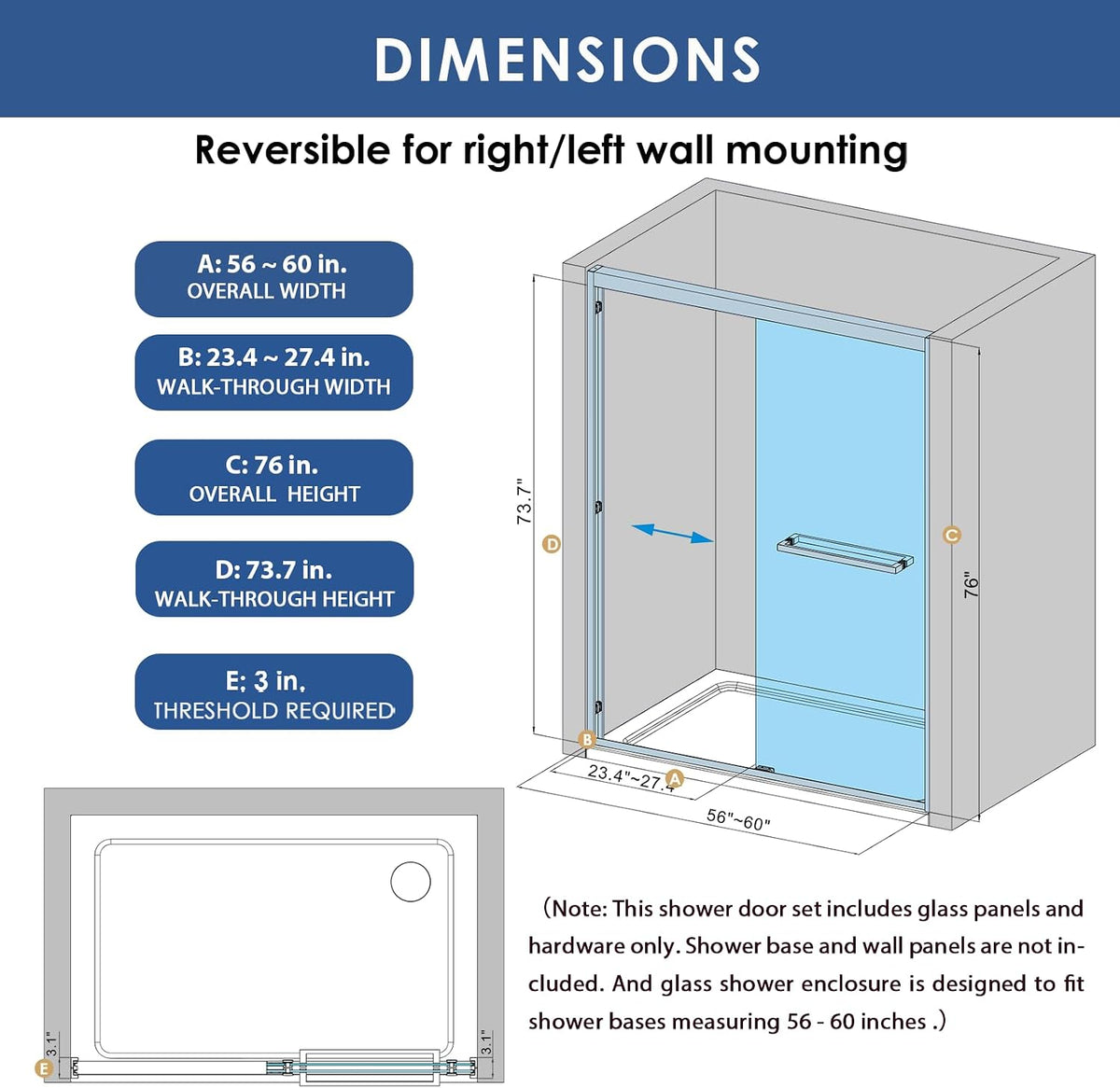 Double Sliding Shower Door 56-60 in. x 76 in., 5/16' (8mm) Tempered Glass, Double Nano Coated Glass, Easy to Clean, Dual Sliding Door for Bathroom - Matte Black