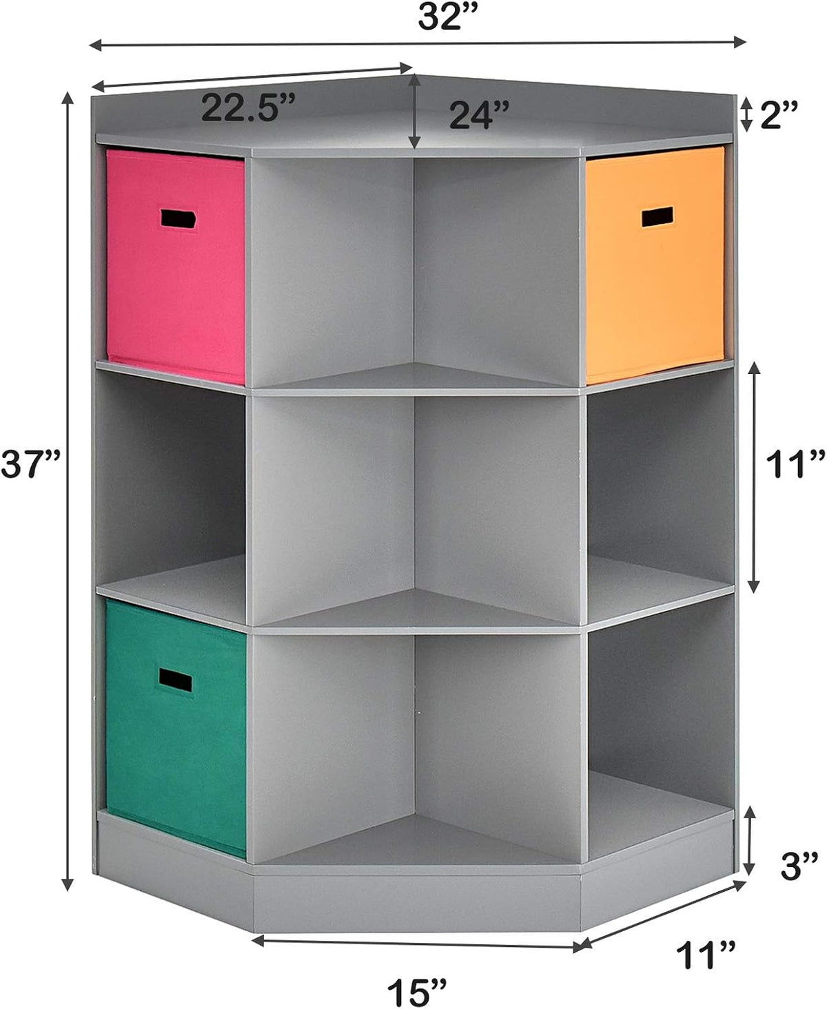 HONEY JOY Kids Toy Storage Organizer, 9-Cubby Toy Bin Organization Storage Cabinet w/Display Shelf & 3 Removable Basket, Wooden Corner Storage Unit for Playroom, Kids Bedroom, Nursery Daycare(Gray)