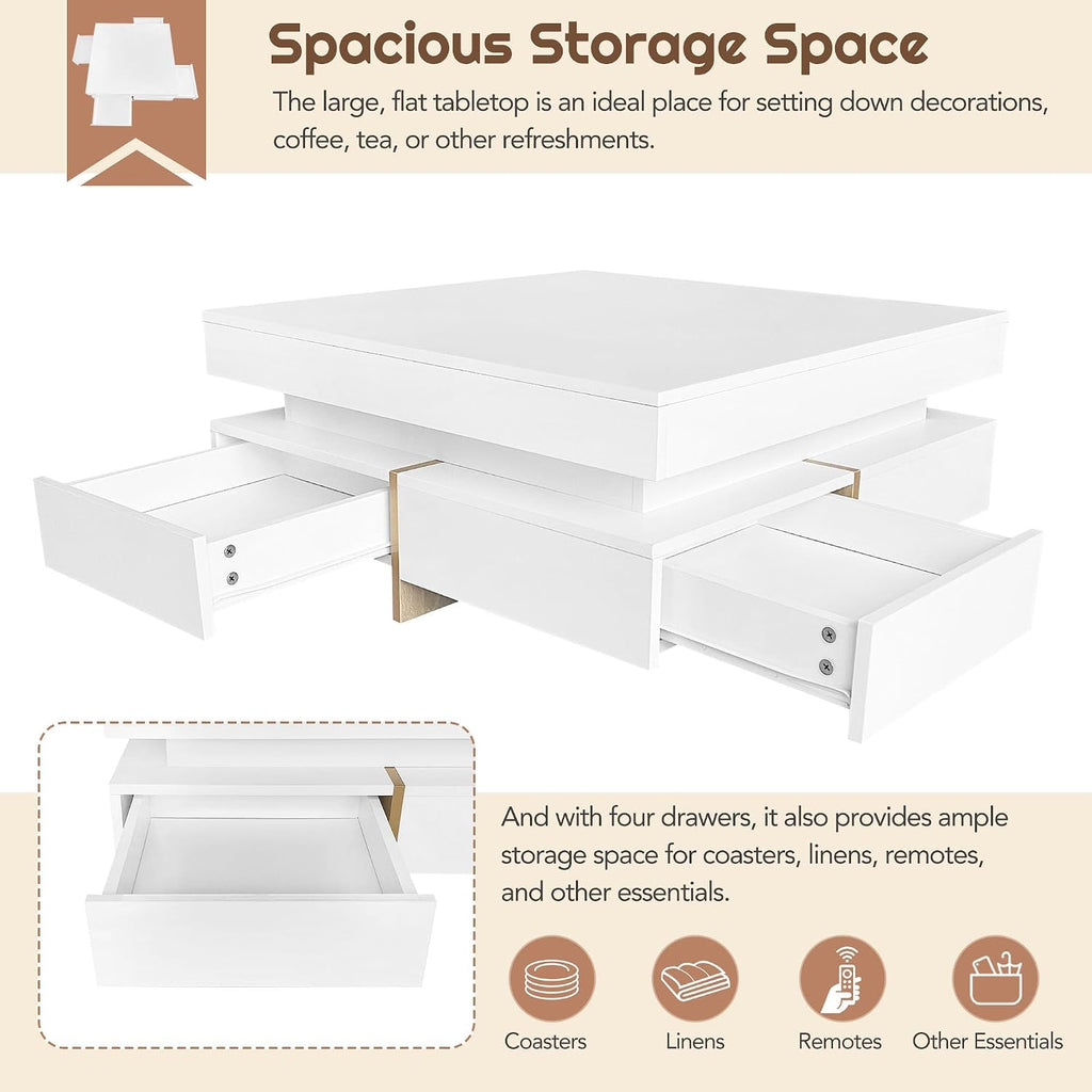 31.5' Square Coffee Table with 4 Drawers and High Gloss Surface, Modern White Cocktail Tea Table with Wood Grain Legs for Living Room or Bedroom