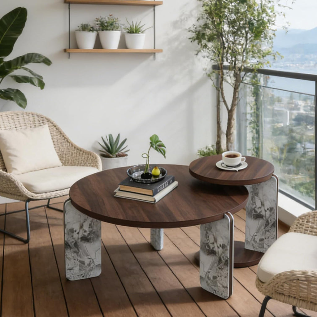 Modern Nesting Coffee Table Set of 2, 2-Piece Modern 32.68' & 16.93' Round Living Table Set with Walnut Veneer Surface 25mm MDF and Sintered Stone Legs for Living Room
