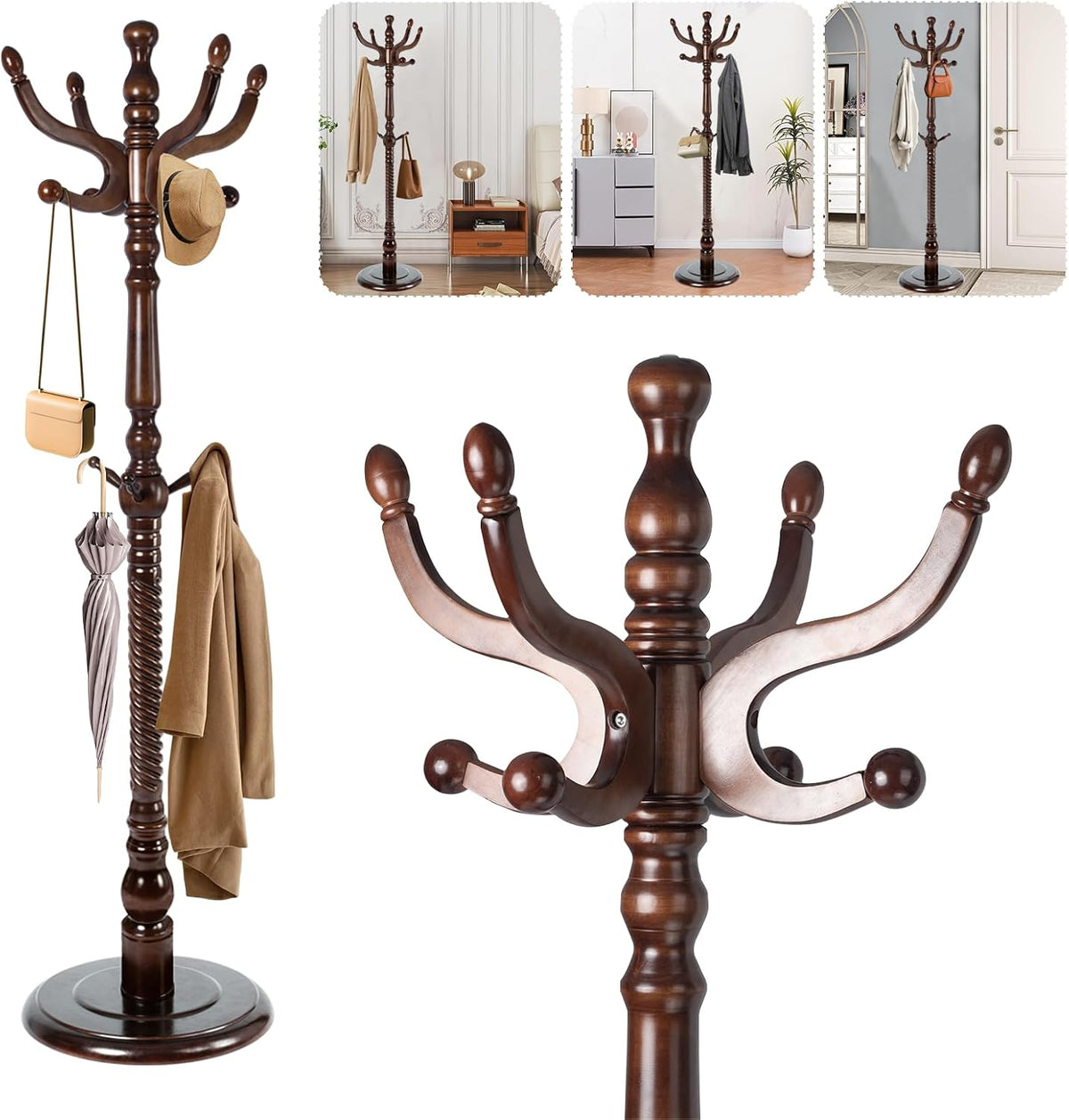 Solid Wood Coat Stand, Freestanding with Stable Base, 70' Birch Coat Tree Organizer for Home, Bedroom, Office, Hallway & Entryway with 11 Hooks