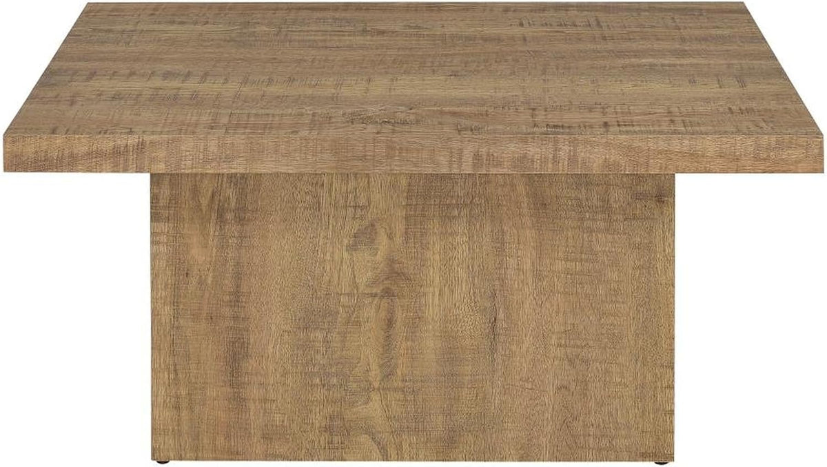 CARTESIAN Square Coffee Table, Natural Mango Wood Finish, Modern Block Base Design, 35.5x35.5x16.25 Inches, Living Room