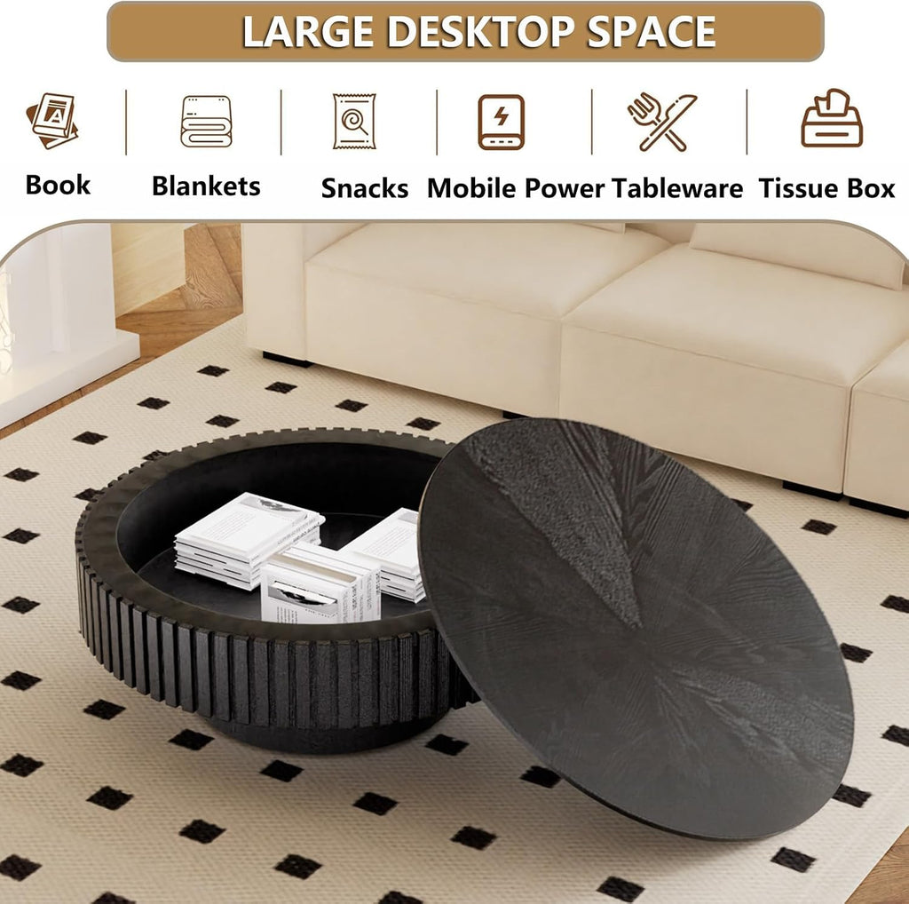 Round Handcraft Fluted Coffee Table with Sturdy Stable Pedestal Modern Luxury Drum Center Table Circle Accent Base Center Tables for Living Room Apartment (J)