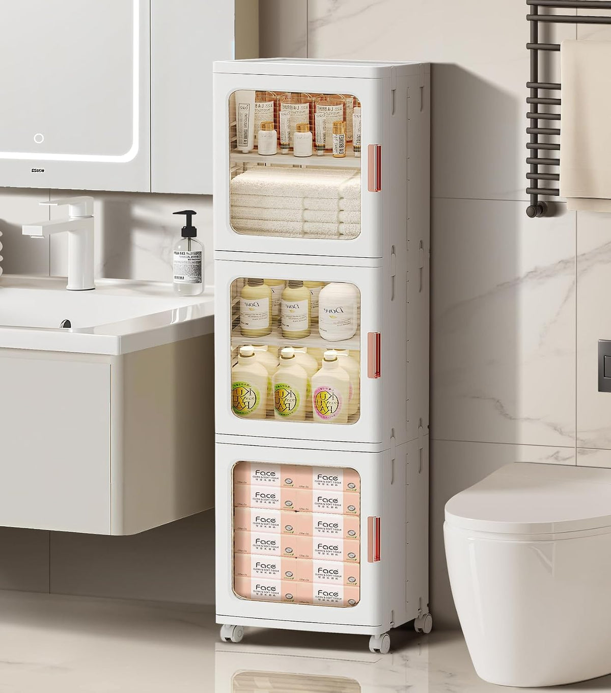 3-Tier Slim Narrow Bathroom Storage Cabinet with Movable Wheels and Adjustable Shelves Plastic Cabinets with Doors Foldable Small Spaces Organizers for Kitchen Laundry Bedroom Pantry,White