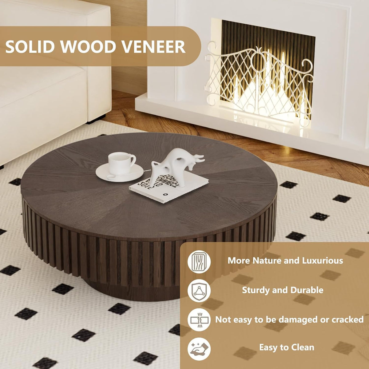 Round Handcraft Fluted Coffee Table with Sturdy Stable Pedestal Modern Luxury Drum Center Table Circle Accent Base Center Tables for Living Room Apartment (K)
