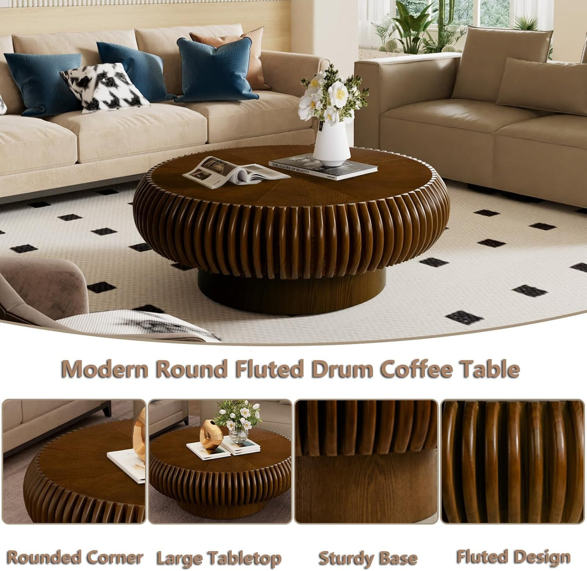 Round Handcraft Fluted Coffee Table with Sturdy Stable Pedestal Modern Luxury Drum Center Table Circle Accent Base Center Tables for Living Room Apartment (O)