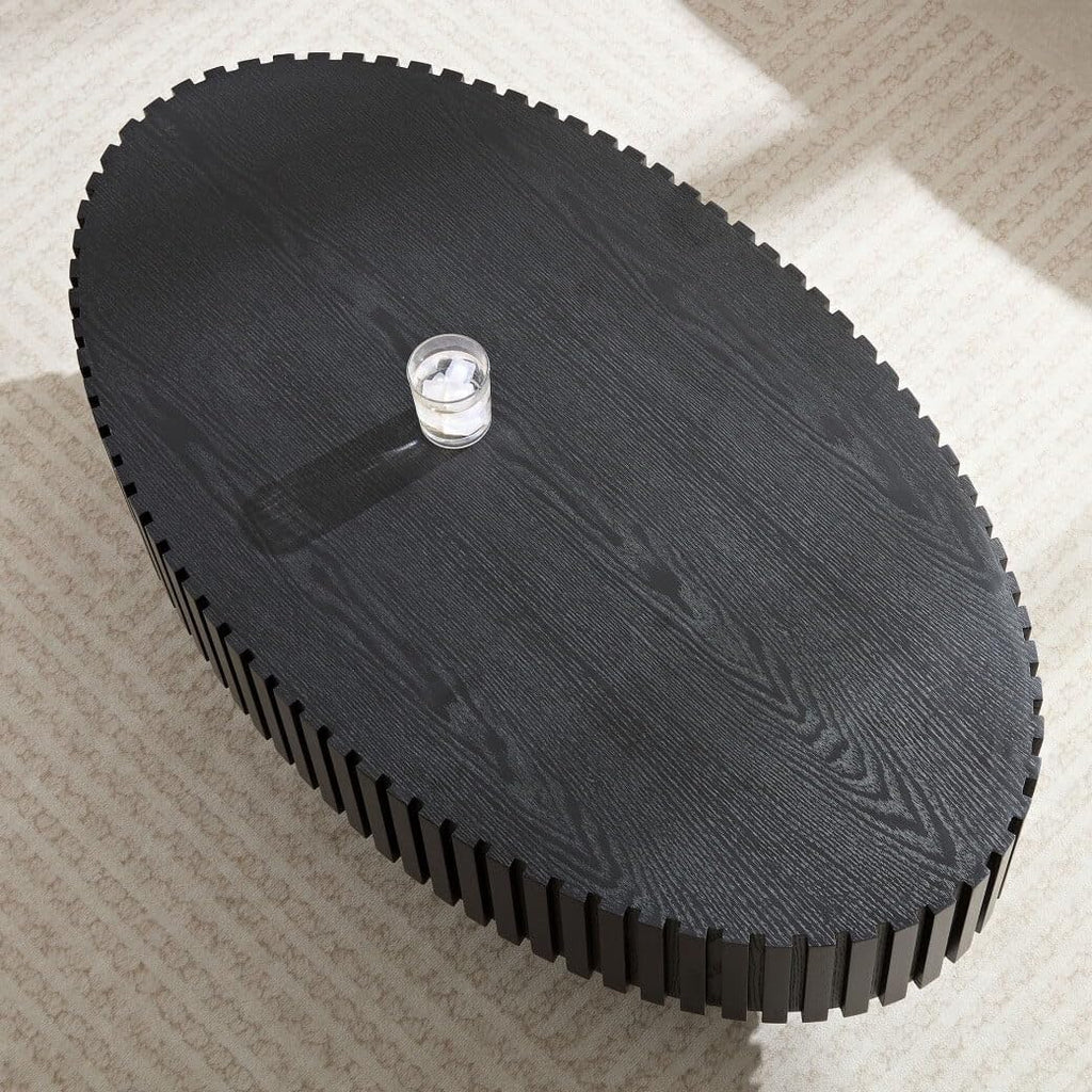 Oval Drum Coffee Table 43.3'' Handcraft Fluted Coffee Table Modern Unique Circle Accent Center Table for Living Room with Sturdy Pedestal Gear Easy Assembly for Small Space,43' Oval Black