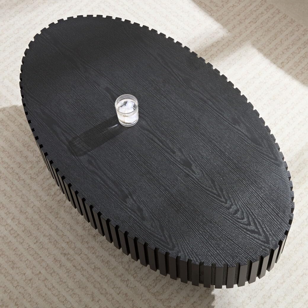 Oval Drum Coffee Table 43.3'' Handcraft Fluted Coffee Table Modern Unique Circle Accent Center Table for Living Room with Sturdy Pedestal Gear Easy Assembly for Small Space,43' Oval Black