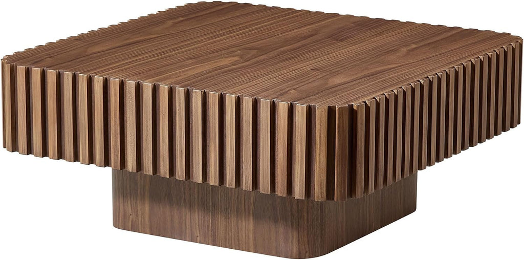 JUSTONE 31.5 Inch Square Coffee Table, 2-Piece Set Modern Walnut Wood Drum End Table for Living Room, Luxury Fluted Design & Sturdy Base, Minimalist Accent Center Table
