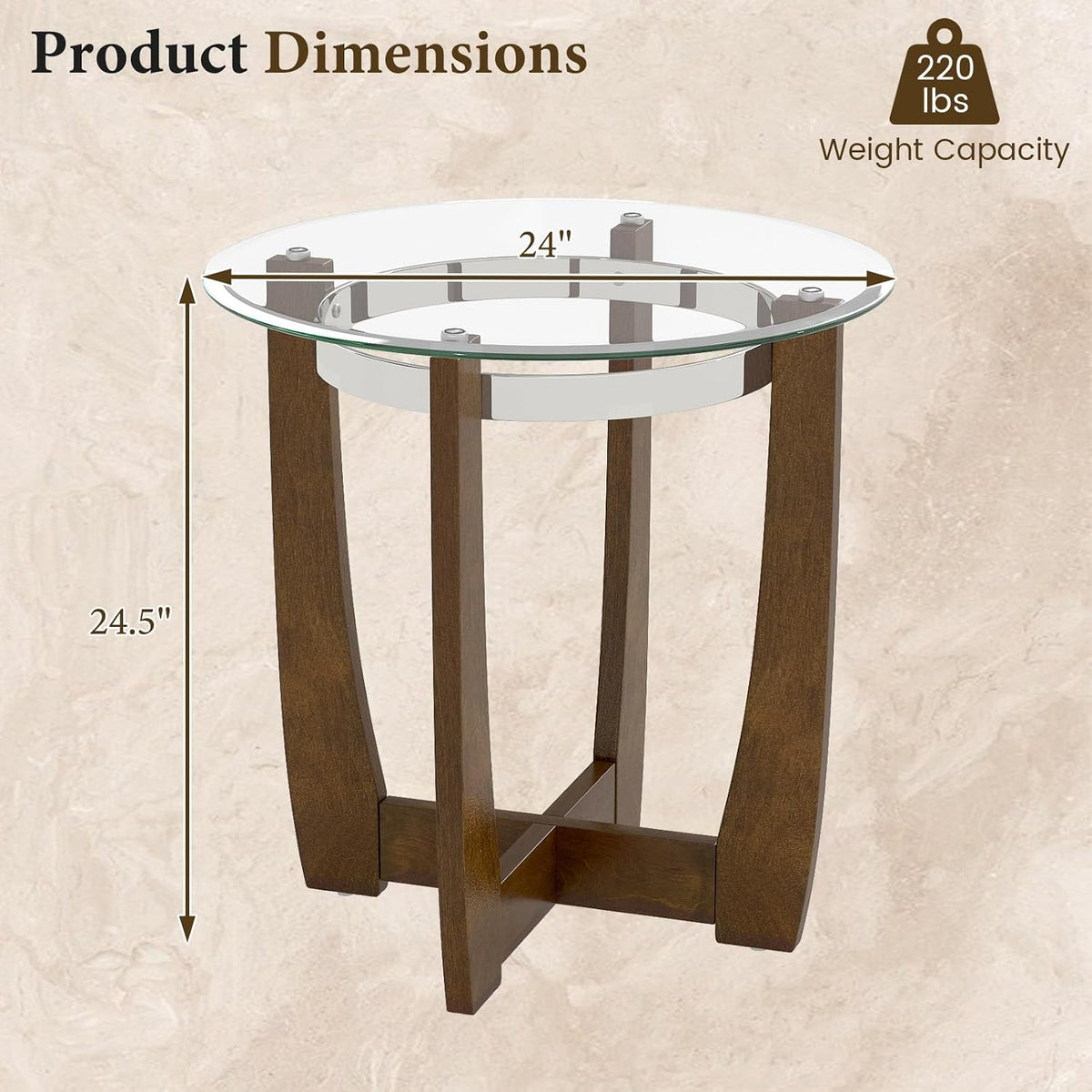 GOFLAME Glass End Table, 24' Round Sofa Side Table with Solid Rubber Wood Frame, Tempered Glass Top, Cross Base, Modern Circle Coffee Table for Living Room, Bedroom, Apartment, Walnut