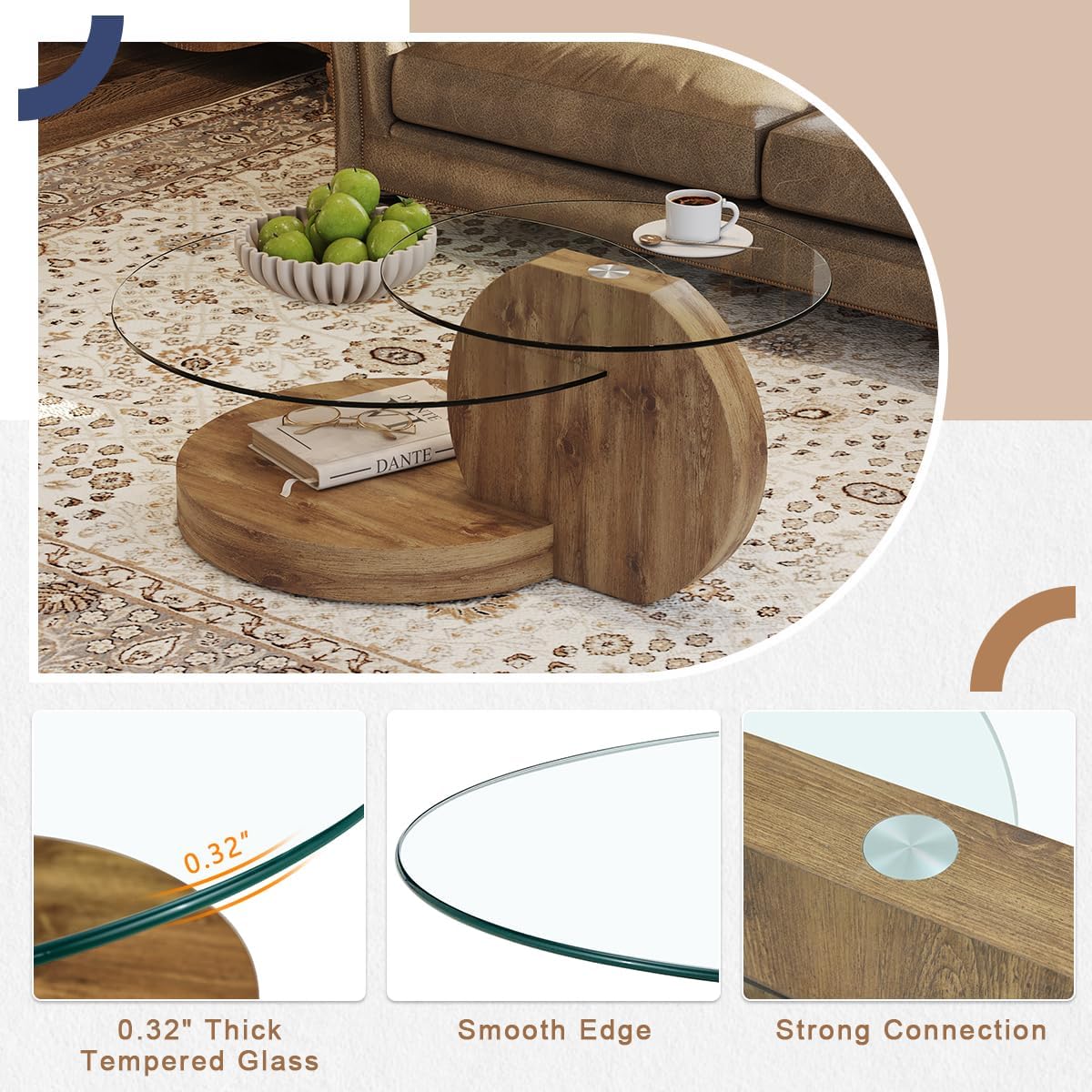 42' Glass Coffee Table｜Round Coffee Table｜3-Tier Design with Tempered Glass Tabletop｜Wood Color Wooden Base｜Large Storage Space｜Smooth Edge｜Ideal for Living Room｜Easy Assembly