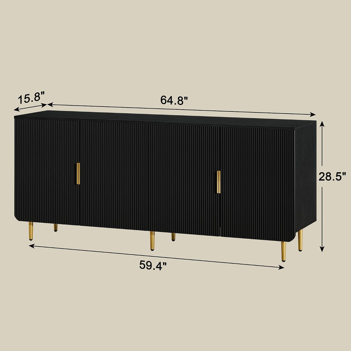 65' Fluted Sideboard Buffet Cabinet with Storage, Console Cabinet with 4 Doors & Adjustable Shelves, Modern Buffet Table for Kitchen Dining Living Room Hallway‌ Entryway, Black