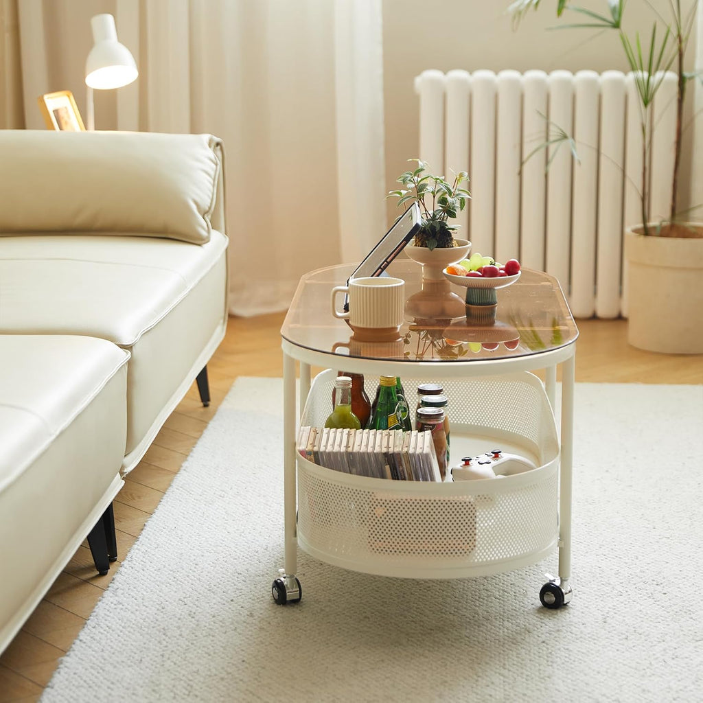 Movable Oval Coffee Table with Tempered Brown Glass and Storage, 35'' x 17'' Stylish Functional Metal & Glass Tea Table for Living Room