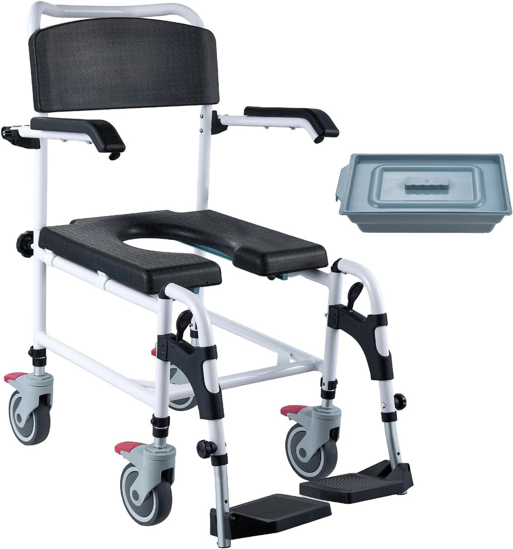 VEVOR Shower Commode Wheelchair with 4 Lockable Wheels, Footrests, Flip-up Arms, 3-Level Adjustable Height, 5L Removable Bucket, 350 LBS Capacity, Commode Chair for Adults Seniors