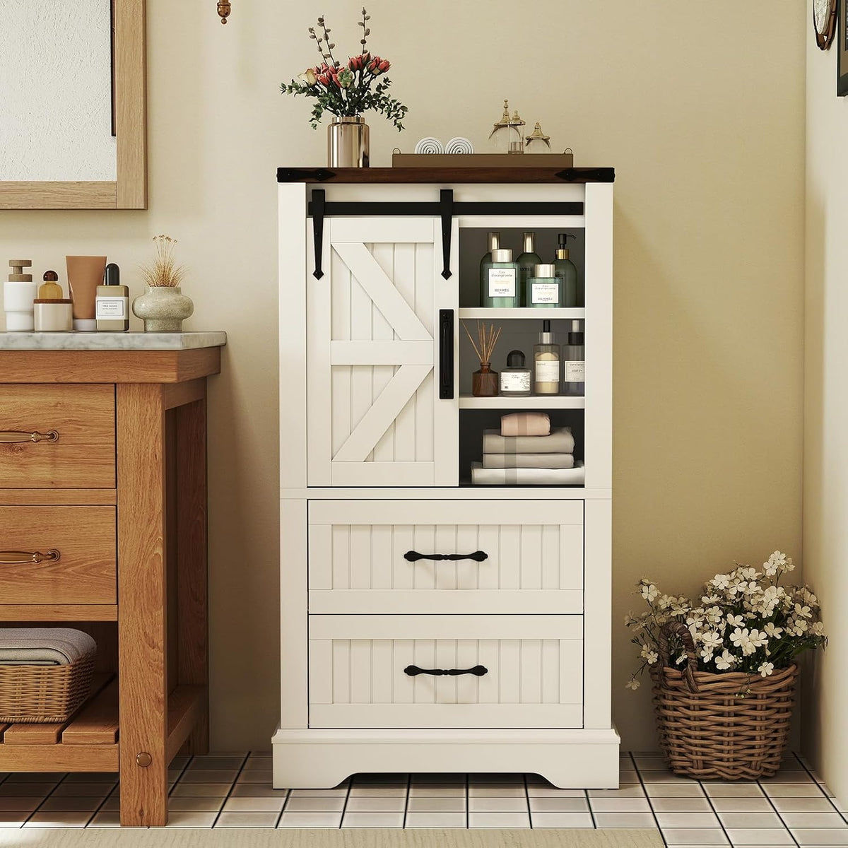 LOKO Farmhouse Bathroom Floor Cabinet, Freestanding Storage Cabinet with Sliding Barn Door, Adjustable Shelves & 2 Storage Drawers, Wooden Storage Organizer for Living Room, Entryway, Kitchen, White &