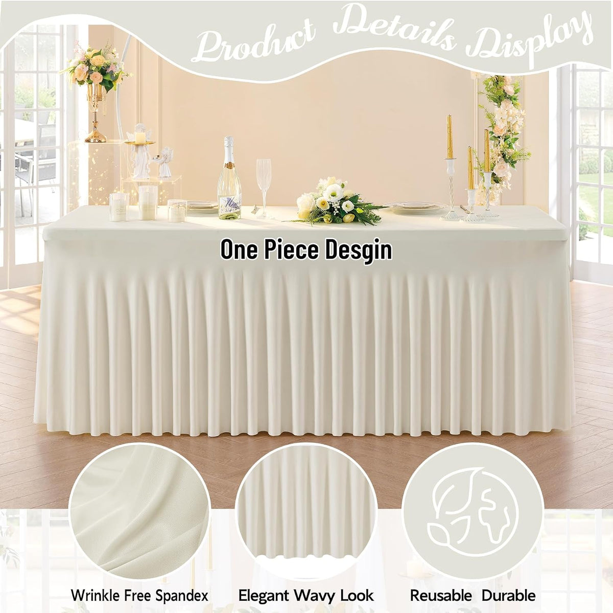 Leegleri 6 Pack Ivory Spandex Table Clothes for 8ft Rectangle Tables, Wrinkle Free Fitted Tablecloths for Parties, Weddings, Banquets, Baby Showers