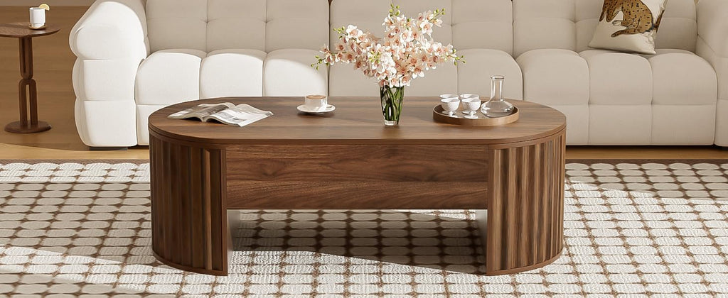 Lift Top Coffee Table with Storage Hidden Compartment, Partially Assembled Wooden Fluted Center Table, 47.2' Modern Oval Smart Lift Tabletop for Home Living Room Office-Brown