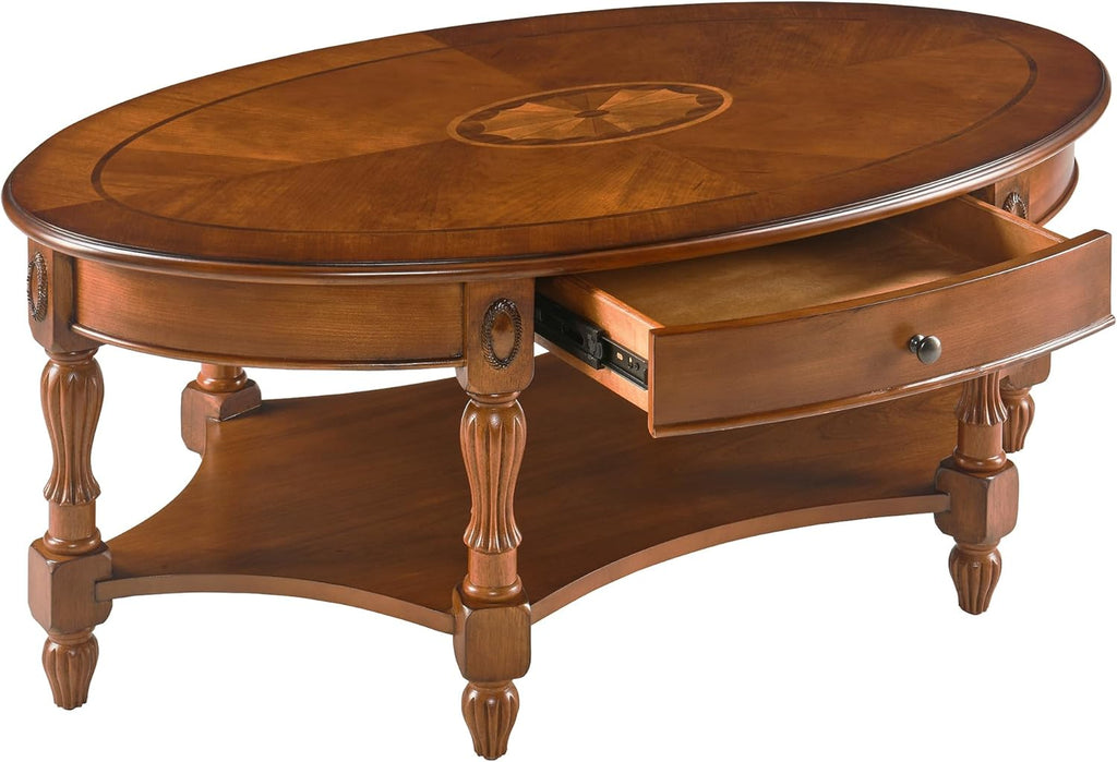 Large Oval Coffee Table with Drawer for Living Room, Solid Wood Cocktail Table with Open Storage Shelf, Mid-Century Modern Sofa Center Table, No-Tools Assembly,Beeswax KFZ1533MG