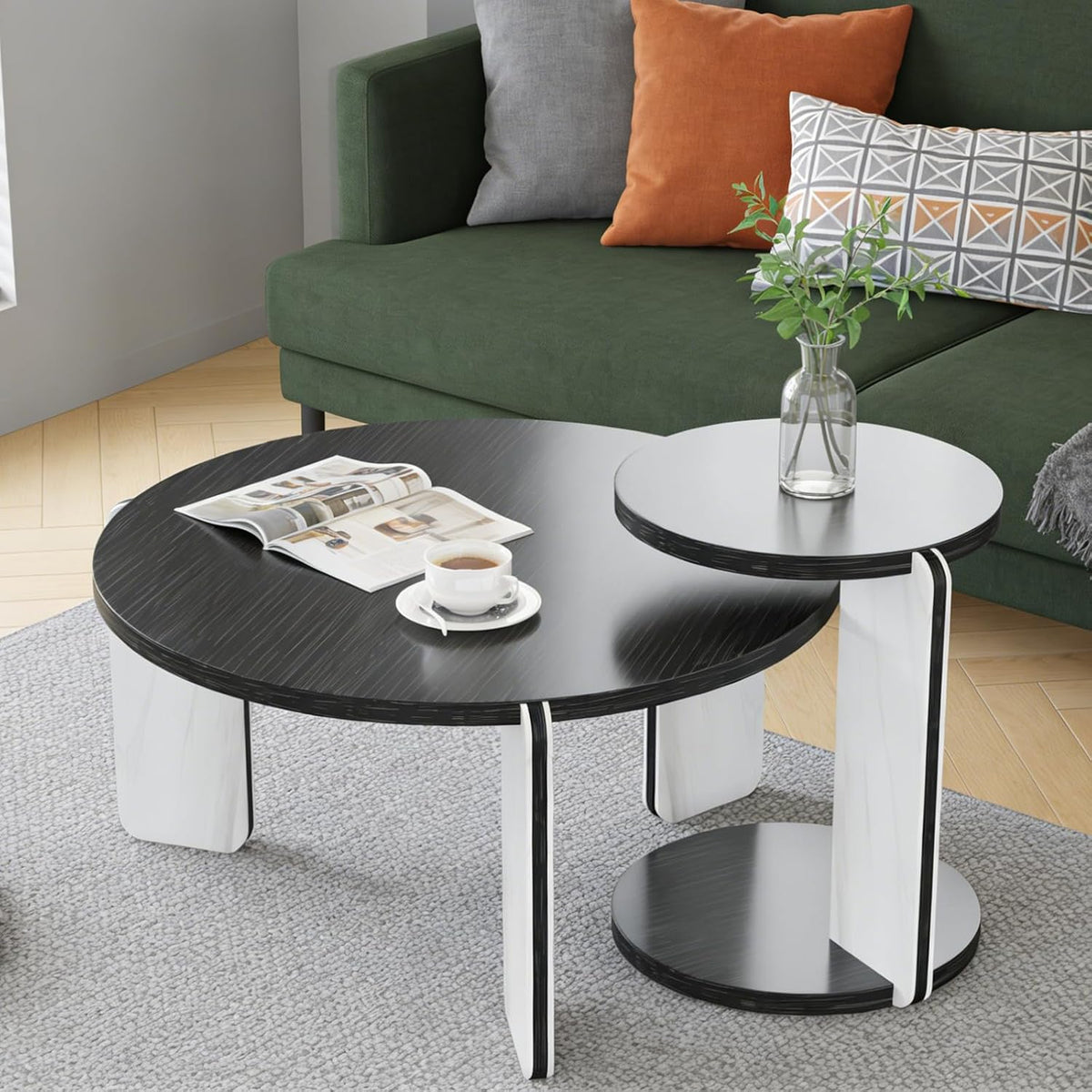 Modern Nesting Coffee Table Set of 2, 2-Piece Modern 32.68' & 16.93' Round Living Table Set with Black Oak Veneer Surface 25mm MDF and White+Black Sintered Stone Legs for Living Room