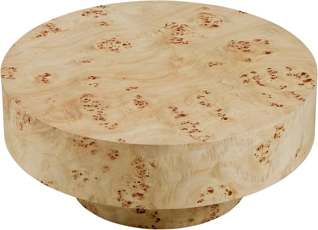 31.49' Round Coffee Table with Burl Wood Veneer & Sturdy Pedestal, Modern Luxury Circle Drum Center Table, Accent Side Table End Table for Living Room Apartment, Natural