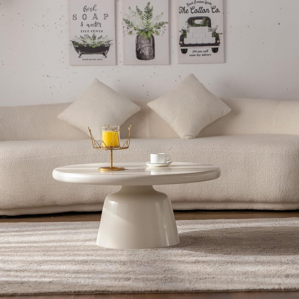 White Round Coffee Table Modern Circle Center Table Circular Coffee Tables with Stable Pedestal, for Living Room, Bedroom, Farmhouse Outdoor Patio (N31.5)