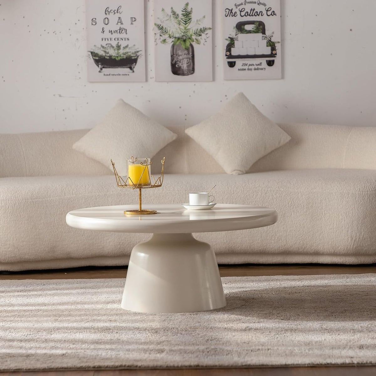 White Round Coffee Table Modern Circle Center Table Circular Coffee Tables with Stable Pedestal, for Living Room, Bedroom, Farmhouse Outdoor Patio (N31.5)