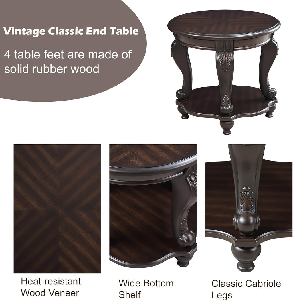 Solid Wood Coffee Table Set for Living Room, Coffee Table & 2 End Side Table 3-Piece Set with Open Storage for Office Apartment Espresso