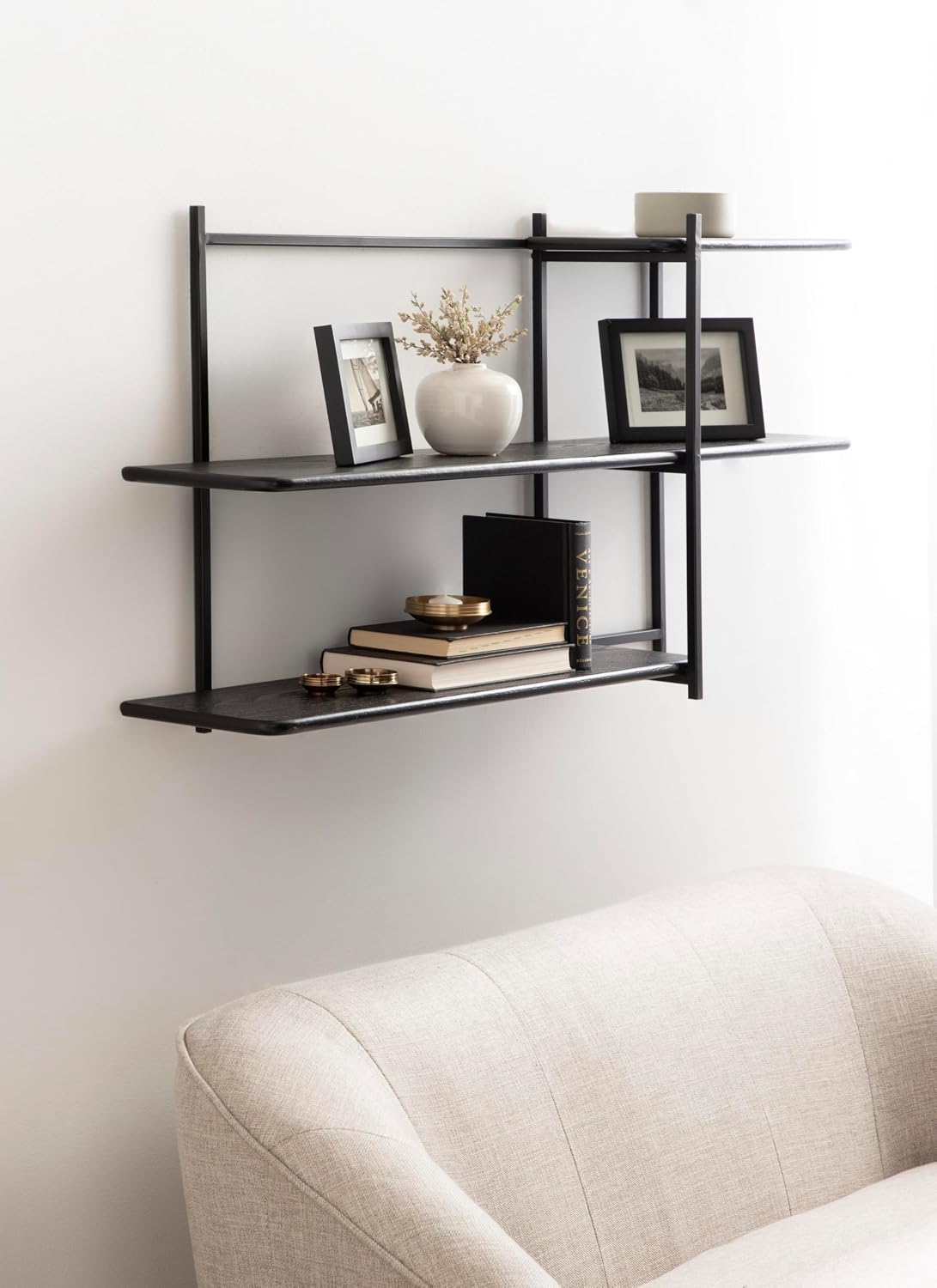 Kate and Laurel Ramone Three-Tiered Wall Shelf, 42 x 23, Black, Decorative Shelving Unit and Wall Organizer for Entryway Storage or Living Room Display Shelf