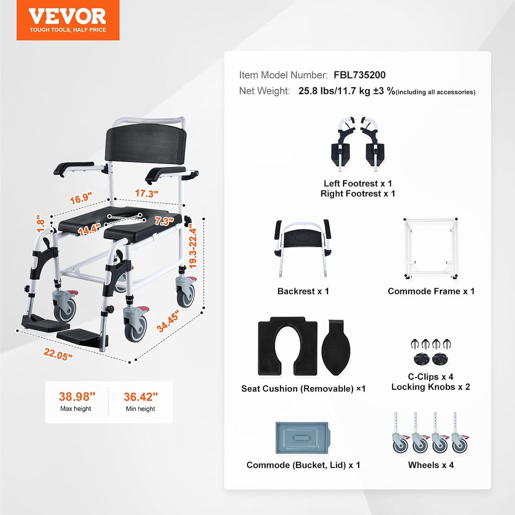 VEVOR Shower Commode Wheelchair with 4 Lockable Wheels, Footrests, Flip-up Arms, 3-Level Adjustable Height, 5L Removable Bucket, 350 LBS Capacity, Commode Chair for Adults Seniors
