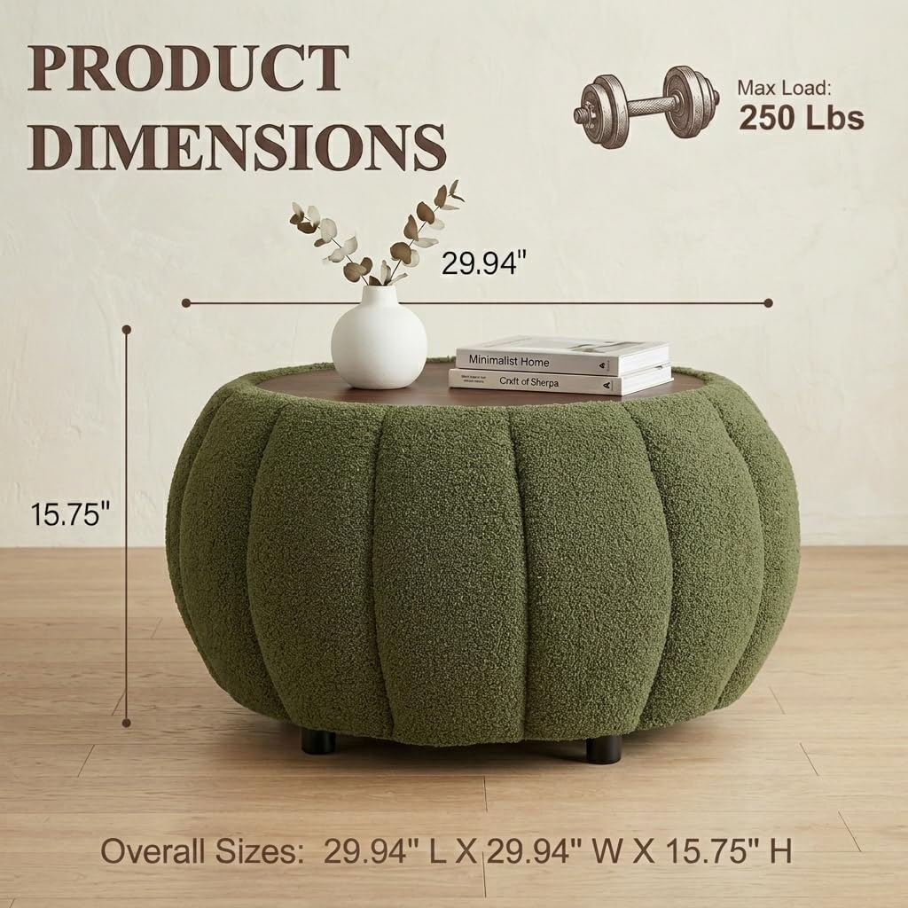 Ottoman Coffee Table for Living Room, Wooden Top Large Storage Ottoman, 30 Inches Round Coffee Table, Pumpkin Shaped Side Table, Multifunctional Teddy Fabric Footstool (Green)