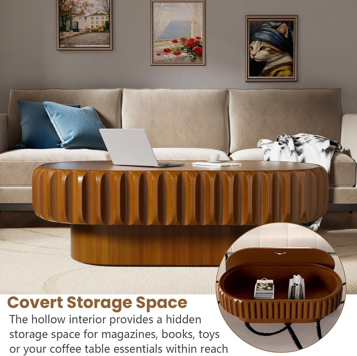 43.3'' Oval Coffee Table with Storage Modern Fluted Drum Coffee Tables with Solid Wood Veneered, Accent Center Table Tea Table for Living Room, Apartment, Home, Office (Brown Oval43.3)