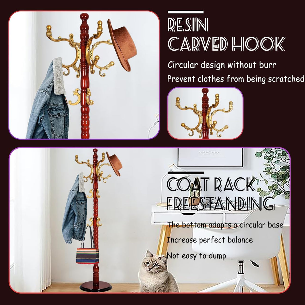 73 in Wood Coat Rack, Coat Rack Freestanding with Stable Round Base, Adjustable Height Tree Coat Racks Stand for Home Bedroom Office Hallway Entryway (Haitang color)